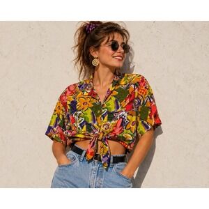 American Star Rayon Tie Front Blouse Abstract Floral Shirt Sz S Vintage 90s